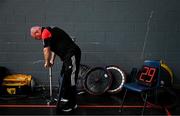 24 May 2025; Ulster Barbarians mechanic Alan Dodds repairs tyres on the sidelines during the Irish Wheelchair Rugby League final match between Ulster Barbarians and Rebel Wheelers MSC at the IWA Sports Centre in Clontarf, Dublin. The Irish Wheelchair Rugby League came to its conclusion at IWA-Sport, Clontarf, where Cork’s Rebel Wheelers Multi-Sport Club, Leinster Wheelchair Rugby Club and Ulster Barbarians faced off to decide who’d be crowned league champions. The league went right down to the wire with all three sides still mathematically able to clinch the title. Photo by Tyler Miller/Sportsfile