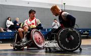 24 May 2025; Zak O'Neill of Rebel Wheelers MSC in action against Andy Allen of Ulster Barbarians during the Irish Wheelchair Rugby League final match between Ulster Barbarians and Rebel Wheelers MSC at the IWA Sports Centre in Clontarf, Dublin. The Irish Wheelchair Rugby League came to its conclusion at IWA-Sport, Clontarf, where Cork’s Rebel Wheelers Multi-Sport Club, Leinster Wheelchair Rugby Club and Ulster Barbarians faced off to decide who’d be crowned league champions. The league went right down to the wire with all three sides still mathematically able to clinch the title. Photo by Tyler Miller/Sportsfile