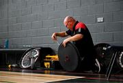 24 May 2025; Ulster Barbarians mechanic Alan Dodds repairs tyres on the sidelines during the Irish Wheelchair Rugby League final match between Ulster Barbarians and Rebel Wheelers MSC at the IWA Sports Centre in Clontarf, Dublin. The Irish Wheelchair Rugby League came to its conclusion at IWA-Sport, Clontarf, where Cork’s Rebel Wheelers Multi-Sport Club, Leinster Wheelchair Rugby Club and Ulster Barbarians faced off to decide who’d be crowned league champions. The league went right down to the wire with all three sides still mathematically able to clinch the title. Photo by Tyler Miller/Sportsfile