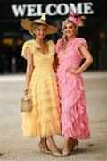 24 May 2025; Twin sisters Davinia, left, and Dawn Knight from Portarlington, Offaly, during day two of the Tattersalls Irish Guineas Festival at The Curragh Racecourse in Kildare. Photo by Seb Daly/Sportsfile