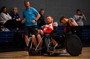 24 May 2025; Alan Lynch of Rebel Wheelers MSC in action against Chris Meneilly of Ulster Barbarians during the Irish Wheelchair Rugby League final match between Ulster Barbarians and Rebel Wheelers MSC at the IWA Sports Centre in Clontarf, Dublin. The Irish Wheelchair Rugby League came to its conclusion at IWA-Sport, Clontarf, where Cork’s Rebel Wheelers Multi-Sport Club, Leinster Wheelchair Rugby Club and Ulster Barbarians faced off to decide who’d be crowned league champions. The league went right down to the wire with all three sides still mathematically able to clinch the title. Photo by Tyler Miller/Sportsfile