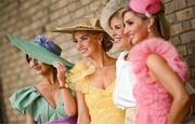 24 May 2025; Racegoers from left, Cleo Knight, Davinia Knight, Marietta Doran, and Dawn Knight, during day two of the Tattersalls Irish Guineas Festival at The Curragh Racecourse in Kildare. Photo by Seb Daly/Sportsfile
