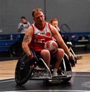24 May 2025; Jack Squibb of Rebel Wheelers MSC during the Irish Wheelchair Rugby League final match between Ulster Barbarians and Rebel Wheelers MSC at the IWA Sports Centre in Clontarf, Dublin. The Irish Wheelchair Rugby League came to its conclusion at IWA-Sport, Clontarf, where Cork’s Rebel Wheelers Multi-Sport Club, Leinster Wheelchair Rugby Club and Ulster Barbarians faced off to decide who’d be crowned league champions. The league went right down to the wire with all three sides still mathematically able to clinch the title. Photo by Tyler Miller/Sportsfile