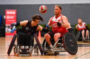24 May 2025; Jack Squibb of Rebel Wheelers MSC in action against Carina Premstaller of Ulster Barbarians during the Irish Wheelchair Rugby League final match between Ulster Barbarians and Rebel Wheelers MSC at the IWA Sports Centre in Clontarf, Dublin. The Irish Wheelchair Rugby League came to its conclusion at IWA-Sport, Clontarf, where Cork’s Rebel Wheelers Multi-Sport Club, Leinster Wheelchair Rugby Club and Ulster Barbarians faced off to decide who’d be crowned league champions. The league went right down to the wire with all three sides still mathematically able to clinch the title. Photo by Tyler Miller/Sportsfile