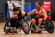 24 May 2025; Carina Premstaller of Ulster Barbarians in action against Jack Squibb of Rebel Wheelers MSC during the Irish Wheelchair Rugby League final match between Ulster Barbarians and Rebel Wheelers MSC at the IWA Sports Centre in Clontarf, Dublin. The Irish Wheelchair Rugby League came to its conclusion at IWA-Sport, Clontarf, where Cork’s Rebel Wheelers Multi-Sport Club, Leinster Wheelchair Rugby Club and Ulster Barbarians faced off to decide who’d be crowned league champions. The league went right down to the wire with all three sides still mathematically able to clinch the title. Photo by Tyler Miller/Sportsfile