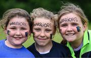 24 May 2025; Moate, Westmeath supporters, from left, Ruby Lee, Poppy Wingfield-Brown and Gracie Hughes during the X Rugby 7s Girls match between Moate, Westmeath, and Fethard-Killusty, Tipperary, during day one of the Cairn Community Games Multi-Sports Finals 2025 at Gormanston Park in Meath. Photo by Shauna Clinton/Sportsfile