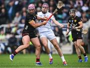 24 May 2025; Ruairí McCrickard of Down in action against Cathal Dowling of Kildare during the Joe McDonagh Cup match between Kildare and Down at Cedral St Conleth's in Newbridge, Kildare. Photo by Piaras Ó Mídheach/Sportsfile