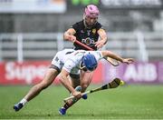 24 May 2025; Jack Travers of Kildare in action against Ruairí McCrickard of Down during the Joe McDonagh Cup match between Kildare and Down at Cedral St Conleth's in Newbridge, Kildare. Photo by Piaras Ó Mídheach/Sportsfile