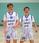24 May 2025; Peter Butler of Oranmore-Maree, Galway, left, celebrates with team-mates after their victory in the Basketball U13 Boys match between Oranmore-Maree, Galway, and Castleisland, Kerry, on day one of the Cairn Community Games Multi-Sports Finals 2025 at Gormanston Park in Meath. Photo by Shauna Clinton/Sportsfile