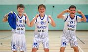 24 May 2025; Peter Butler of Oranmore-Maree, Galway, centre, celebrates with team-mates after their victory in the Basketball U13 Boys match between Oranmore-Maree, Galway, and Castleisland, Kerry, on day one of the Cairn Community Games Multi-Sports Finals 2025 at Gormanston Park in Meath. Photo by Shauna Clinton/Sportsfile