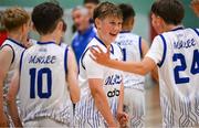 24 May 2025; Peter Butler of Oranmore-Maree, Galway, centre, celebrates with team-mates after their victory in the Basketball U13 Boys match between Oranmore-Maree, Galway, and Castleisland, Kerry, on day one of the Cairn Community Games Multi-Sports Finals 2025 at Gormanston Park in Meath. Photo by Shauna Clinton/Sportsfile