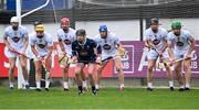 24 May 2025; Kildare goalkeeper Paddy McKenna awaits a free for Down with his team-mates, from left, Richy Hogan, Simon Leacy, Cian Boran, Daire Guerin, Rian Boran and Paul Dolan during the Joe McDonagh Cup match between Kildare and Down at Cedral St Conleth's in Newbridge, Kildare. Photo by Piaras Ó Mídheach/Sportsfile