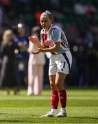 24 May 2025; Katie McCabe of Arsenal warms up before the UEFA Women's Champions League final match between Arsenal and Barcelona at Estádio José Alvalade in Lisbon, Portugal. Photo by Pedro Loureiro/Sportsfile