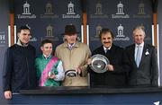24 May 2025; Winning connections, from left, trainer Thady Gosden, jockey Colin Keane, trainer John Gosden, and owner His Highness Prince Saud bin Khalid bin Abdullah bin Abdulrahman Al Saud after sending out Field Of Gold to win the Tattersalls Irish 2,000 Guineas during day two of the Tattersalls Irish Guineas Festival at The Curragh Racecourse in Kildare. Photo by Seb Daly/Sportsfile