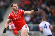24 May 2025; Sam Mulroy of Louth celebrates scoring his side's first goal during the GAA Football All-Ireland Senior Championship Round 1 match between Louth and Monaghan at Cedral St Conleth's in Newbridge, Kildare. Photo by Piaras Ó Mídheach/Sportsfile