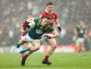 24 May 2025; Jordan Morris of Meath is tackled by Daniel O'Mahony of Cork during the GAA Football All-Ireland Senior Championship Round 1 match between Meath and Cork at Páirc Tailteann in Navan, Meath. Photo by Thomas Flinkow/Sportsfile
