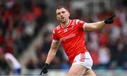 24 May 2025; Sam Mulroy of Louth celebrates scoring his side's first goal during the GAA Football All-Ireland Senior Championship Round 1 match between Louth and Monaghan at Cedral St Conleth's in Newbridge, Kildare. Photo by Piaras Ó Mídheach/Sportsfile