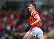 24 May 2025; Sam Mulroy of Louth celebrates scoring his side's first goal during the GAA Football All-Ireland Senior Championship Round 1 match between Louth and Monaghan at Cedral St Conleth's in Newbridge, Kildare. Photo by Piaras Ó Mídheach/Sportsfile