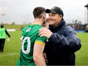 24 May 2025; Meath manager Robbie Brennan with player Conor Duke after their side's victory in the GAA Football All-Ireland Senior Championship Round 1 match between Meath and Cork at Páirc Tailteann in Navan, Meath. Photo by Thomas Flinkow/Sportsfile
