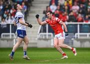 24 May 2025; Tommy Durnin of Louth celebrates scoring his side's second goal during the GAA Football All-Ireland Senior Championship Round 1 match between Louth and Monaghan at Cedral St Conleth's in Newbridge, Kildare. Photo by Piaras Ó Mídheach/Sportsfile