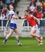 24 May 2025; Tommy Durnin of Louth celebrates scoring his side's second goal during the GAA Football All-Ireland Senior Championship Round 1 match between Louth and Monaghan at Cedral St Conleth's in Newbridge, Kildare. Photo by Piaras Ó Mídheach/Sportsfile