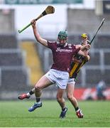24 May 2025; Seán Moran of Galway in action against Kevin Buggy of Kilkenny during the Electric Ireland Leinster GAA Hurling Minor Championship final match between Kilkenny and Galway at Laois Hire O'Moore Park in Portlaoise, Laois. Photo by Tyler Miller/Sportsfile