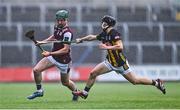 24 May 2025; Seán Moran of Galway in action against Kevin Buggy of Kilkenny during the Electric Ireland Leinster GAA Hurling Minor Championship final match between Kilkenny and Galway at Laois Hire O'Moore Park in Portlaoise, Laois. Photo by Tyler Miller/Sportsfile