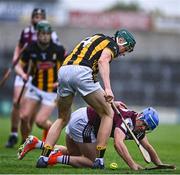 24 May 2025; Ethan Coleman of Galway in action against David McGee of Kilkenny during the Electric Ireland Leinster GAA Hurling Minor Championship final match between Kilkenny and Galway at Laois Hire O'Moore Park in Portlaoise, Laois. Photo by Tyler Miller/Sportsfile