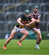 24 May 2025; PJ Mackey of Kilkenny in action against Ronan Cahalan of Galway during the Electric Ireland Leinster GAA Hurling Minor Championship final match between Kilkenny and Galway at Laois Hire O'Moore Park in Portlaoise, Laois. Photo by Tyler Miller/Sportsfile