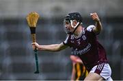 24 May 2025; Cian Hannon of Galway celebrates after scoring his side's first goal during the Electric Ireland Leinster GAA Hurling Minor Championship final match between Kilkenny and Galway at Laois Hire O'Moore Park in Portlaoise, Laois. Photo by Tyler Miller/Sportsfile
