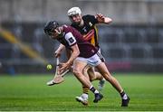 24 May 2025; Dara Zimmerer of Galway in action against Diarmuid Behan of Kilkenny during the Electric Ireland Leinster GAA Hurling Minor Championship final match between Kilkenny and Galway at Laois Hire O'Moore Park in Portlaoise, Laois. Photo by Tyler Miller/Sportsfile