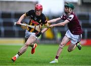 24 May 2025; Jake Mullen of Kilkenny in action against Aodhán McDonagh of Galway during the Electric Ireland Leinster GAA Hurling Minor Championship final match between Kilkenny and Galway at Laois Hire O'Moore Park in Portlaoise, Laois. Photo by Tyler Miller/Sportsfile