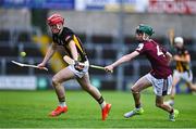 24 May 2025; Jake Mullen of Kilkenny in action against Aodhán McDonagh of Galway during the Electric Ireland Leinster GAA Hurling Minor Championship final match between Kilkenny and Galway at Laois Hire O'Moore Park in Portlaoise, Laois. Photo by Tyler Miller/Sportsfile