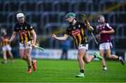 24 May 2025; Cian Byrne of Kilkenny celebrates scoring a point during the Electric Ireland Leinster GAA Hurling Minor Championship final match between Kilkenny and Galway at Laois Hire O'Moore Park in Portlaoise, Laois. Photo by Tyler Miller/Sportsfile