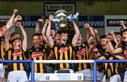 24 May 2025; Kilkenny captain Larry Phelan lifts the cup alongside team-mates after the Electric Ireland Leinster GAA Hurling Minor Championship final match between Kilkenny and Galway at Laois Hire O'Moore Park in Portlaoise, Laois. Photo by Tyler Miller/Sportsfile