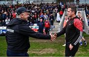24 May 2025; Monaghan manager Gabriel Bannigan and Louth manager Ger Brennan shake hands after the GAA Football All-Ireland Senior Championship Round 1 match between Louth and Monaghan at Cedral St Conleth's in Newbridge, Kildare. Photo by Piaras Ó Mídheach/Sportsfile