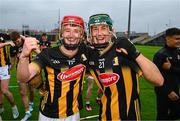 24 May 2025; Kealan Barcoe, left, and Adam Maher of Kilkenny celebrate after the Electric Ireland Leinster GAA Hurling Minor Championship final match between Kilkenny and Galway at Laois Hire O'Moore Park in Portlaoise, Laois. Photo by Tyler Miller/Sportsfile
