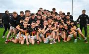 24 May 2025; The Kilkenny team celebrate with the cup after the Electric Ireland Leinster GAA Hurling Minor Championship final match between Kilkenny and Galway at Laois Hire O'Moore Park in Portlaoise, Laois. Photo by Tyler Miller/Sportsfile