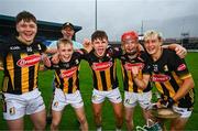 24 May 2025; Kilkenny players, from left, Conor Buggy, Ollie O'Donovan, Josh Dowling, Conor Holohan and Adam Maher celebrate after the Electric Ireland Leinster GAA Hurling Minor Championship final match between Kilkenny and Galway at Laois Hire O'Moore Park in Portlaoise, Laois. Photo by Tyler Miller/Sportsfile