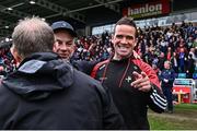 24 May 2025; Monaghan manager Gabriel Bannigan and Louth manager Ger Brennan after the GAA Football All-Ireland Senior Championship Round 1 match between Louth and Monaghan at Cedral St Conleth's in Newbridge, Kildare. Photo by Piaras Ó Mídheach/Sportsfile