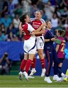 24 May 2025; Katie McCabe of Arsenal, right, celebrates with team-mate Laia Codina after the UEFA Women's Champions League final match between Arsenal and Barcelona at Estádio José Alvalade in Lisbon, Portugal. Photo by Pedro Loureiro/Sportsfile