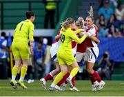 24 May 2025; Katie McCabe of Arsenal, right, celebrates with team-mates after the UEFA Women's Champions League final match between Arsenal and Barcelona at Estádio José Alvalade in Lisbon, Portugal. Photo by Pedro Loureiro/Sportsfile