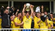 24 May 2025; Fairview Rangers captain Shane Duggan lifts the FAI Junior Cup after the FAI Junior Cup final match between Fairview Rangers and North End United at Turner's Cross in Cork. Photo by Tom Beary/Sportsfile