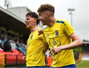 24 May 2025; Josh McCarthy, right, of Fairview Rangers, celebrates after scoring his side's third goal with teammate Daniel O'Neill during the FAI Junior Cup final match between Fairview Rangers and North End United at Turner's Cross in Cork. Photo by Tom Beary/Sportsfile