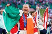 24 May 2025; Katie McCabe of Arsenal celebrates with the UEFA Women's Champions League trophy after the Champions League final match between Arsenal and Barcelona at Estádio José Alvalade in Lisbon, Portugal. Photo by Daniela Porcelli /Sportsfile
