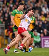 24 May 2025; Darren McCurry of Tyrone celebrates kicking a point during the GAA Football All-Ireland Senior Championship Round 1 match between Donegal and Tyrone at MacCumhaill Park in Ballybofey, Donegal. Photo by Ramsey Cardy/Sportsfile