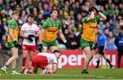 24 May 2025; Ryan McHugh, right, and Finnbarr Roarty of Donegal react to a decision during the GAA Football All-Ireland Senior Championship Round 1 match between Donegal and Tyrone at MacCumhaill Park in Ballybofey, Donegal. Photo by Ramsey Cardy/Sportsfile