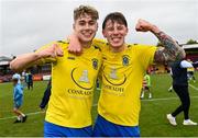 24 May 2025; Josh McCarthy of Fairview Rangers, left, and teammate Daniel O'Neill celebrate after the FAI Junior Cup final match between Fairview Rangers and North End United at Turner's Cross in Cork. Photo by Tom Beary/Sportsfile