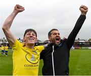24 May 2025; Fairview manager Michael Sheil, right, and Daniel O'Neill of Fairview Rangers celebrate after the FAI Junior Cup final match between Fairview Rangers and North End United at Turner's Cross in Cork. Photo by Tom Beary/Sportsfile