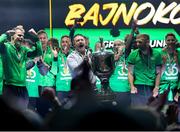 24 May 2025; Ferencváros head coach Robbie Keane celebrates with the trophy, at the Groupama Arena in Budapest, after winning the OTP Bank Liga title following his side's victory over ETO Gyor in Hungary. Photo by Nikola Krstic/Sportsfile